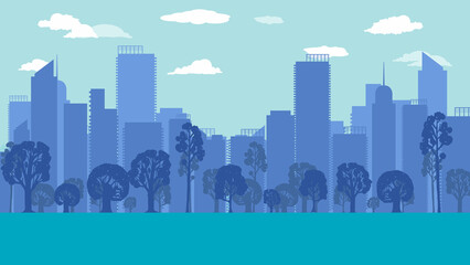 flat cartoon side view of tree in the park and city town background