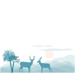 Panorama of the Taiwanese rainforest. Misty mountains. Vector stock illustration. Deer, coats, mountain peaks. Horizontal wallpaper.
