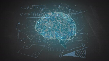 Animation of rotating brain and math formulas on navy background - Powered by Adobe