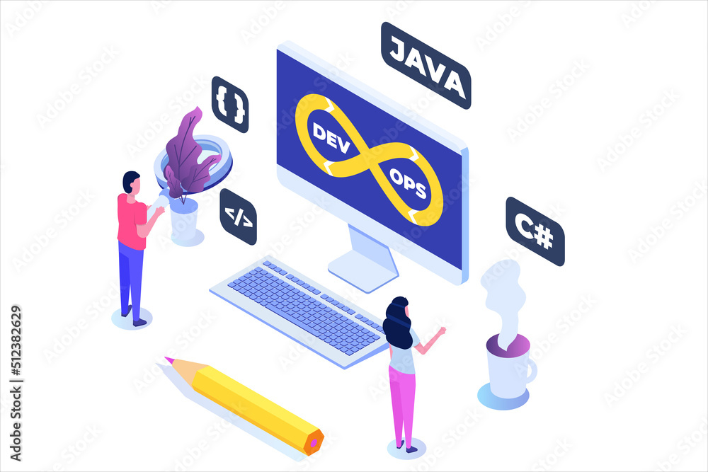 Poster devops concept. development operations scene template. vector illustration.