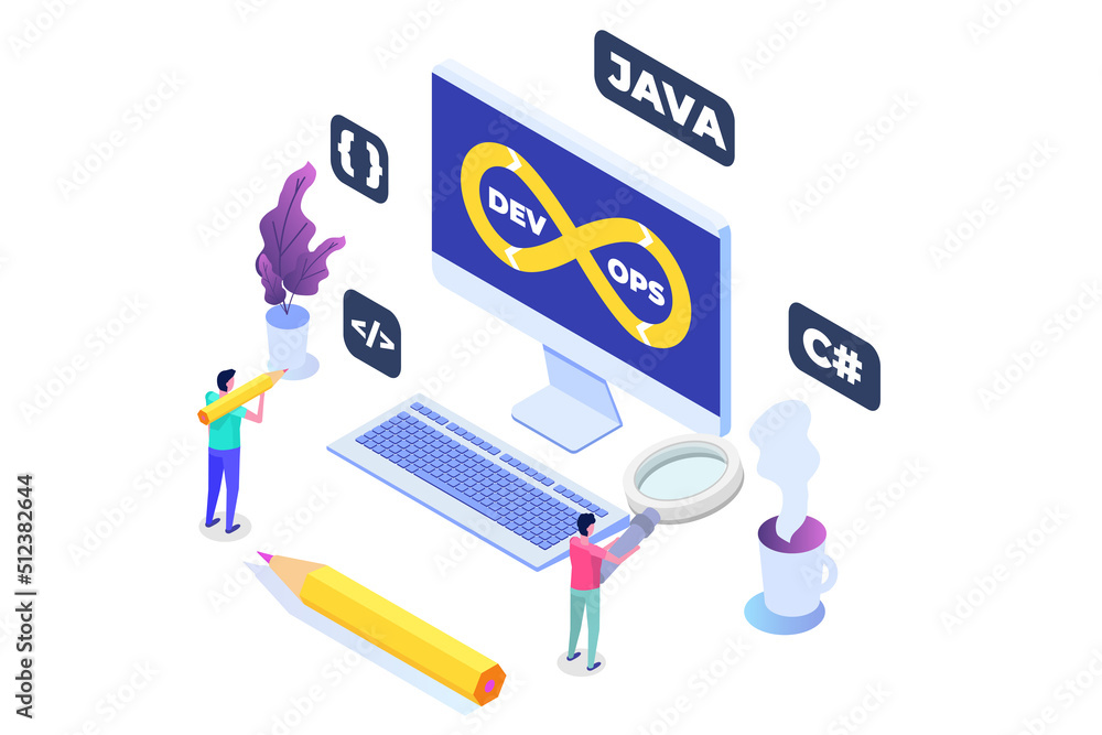 Poster devops concept. development operations scene template. vector illustration.