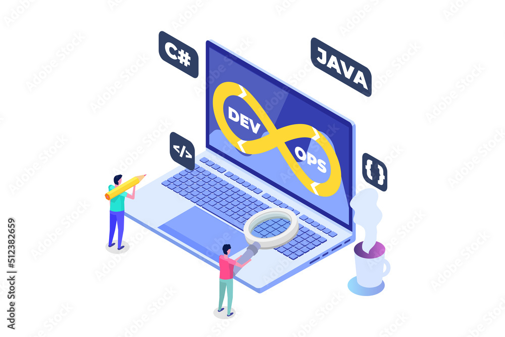 Poster devops concept. development operations scene template. vector illustration.