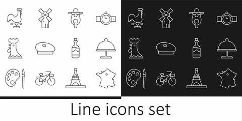 Set line Map of France, Covered with tray, Scooter, French beret, rooster, Rooster weather vane, Bottles wine and Windmill icon. Vector