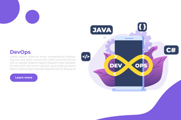 DevOps concept. Development operations scene template. Vector illustration.