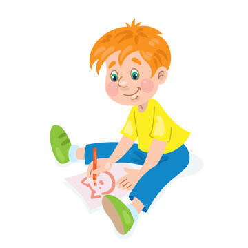 Funny boy draws while sitting on the floor. In cartoon style. Isolated on white background. Vector illustration