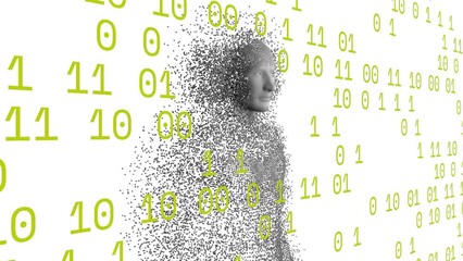 Animation of binary coding, human body with exploding grey particles - Powered by Adobe