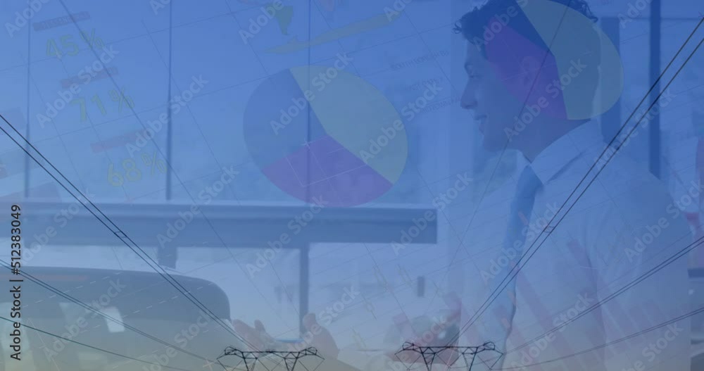 Poster animation of statistics and data processing over biracial businessman and electricity pylons