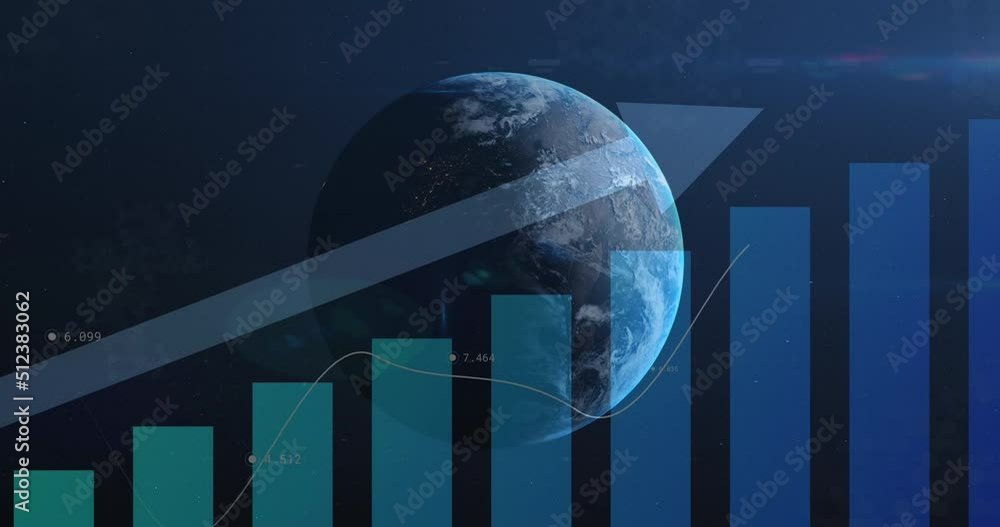Poster animation of statistics and data processing with blue arrow over globe
