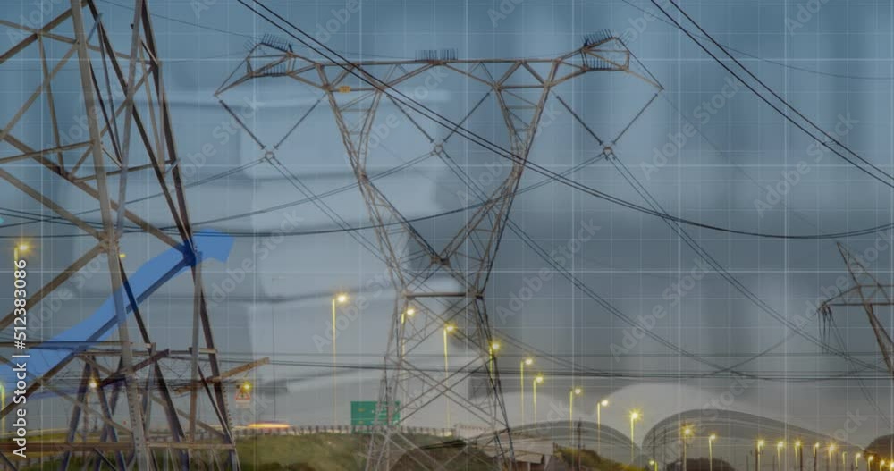Poster animation of statistics and data processing with blue lines over electricity pylon and landscape