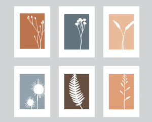 Set of 6 posters with floral silhouettes. Simple forest prints. Herbs, flowers, fern leaves. Hand drawn vector herbarium set. Modern fall seasonal decor. Botanical graphic design