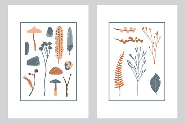Set of posters with forest floral elements. Simple autumn prints. Flower silhouette graphic design. Seed, pine cone, berries, acorn, leaves. Hand drawn vector botanical set. Modern fall seasonal decor