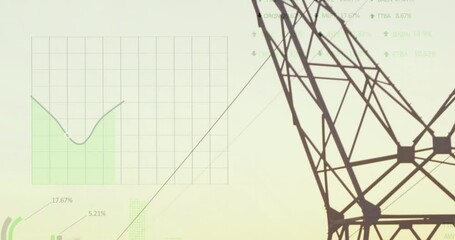 Animation of statistics and data processing over electricity pylon and landscape - Powered by Adobe