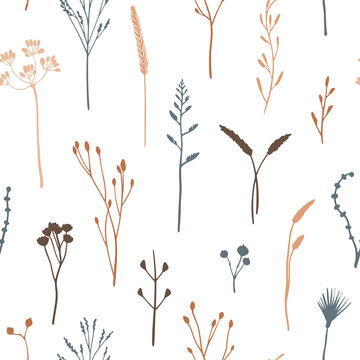 Floral elements seamless pattern. Autumn herbarium surface. Herbs and wild flowers silhouettes. Hand drawn vector botany texture for textile, paper, fabric, modern fall seasonal decor