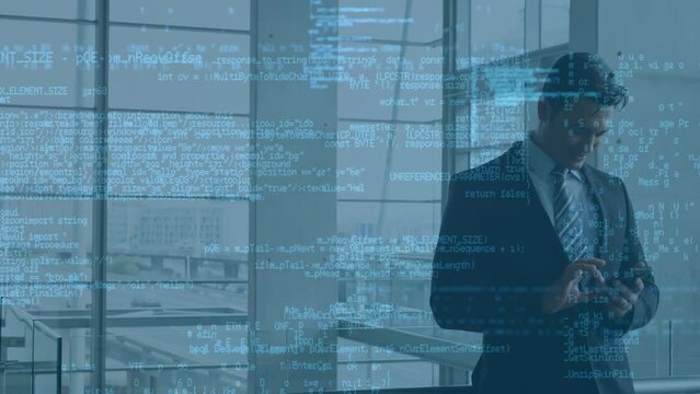 Data processing against caucasian businessman using smartphone at office