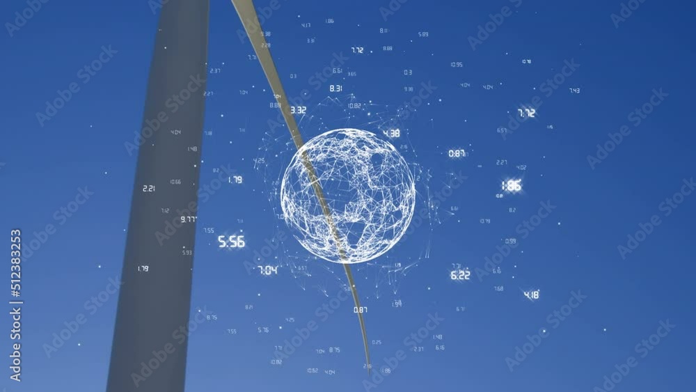 Poster animation of globe and data processing over wind turbine