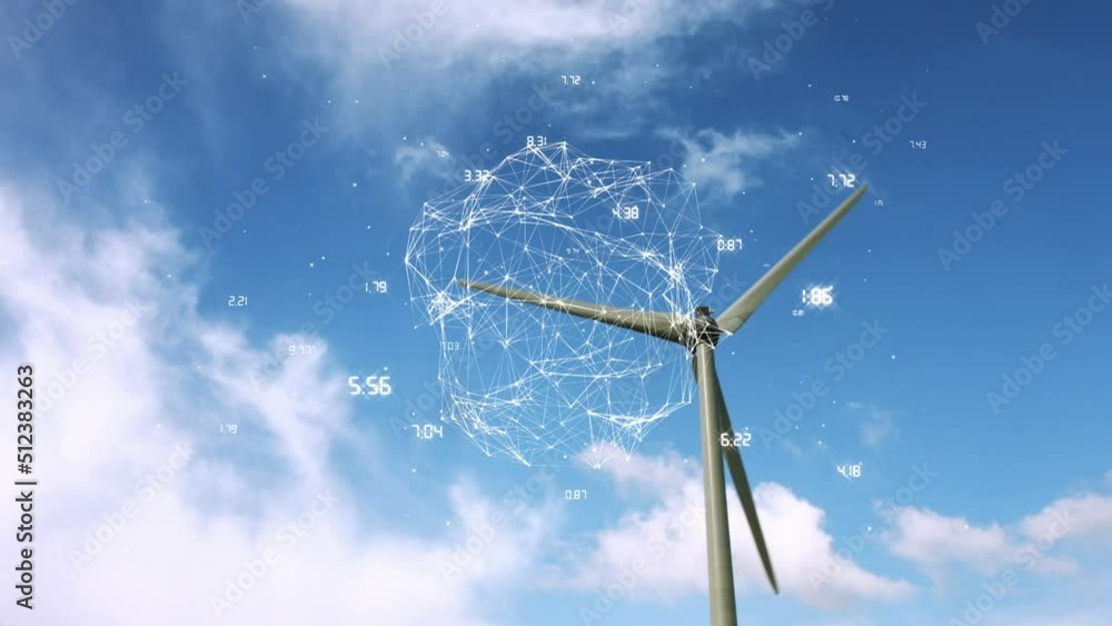 Poster animation of globe and data processing over wind turbine