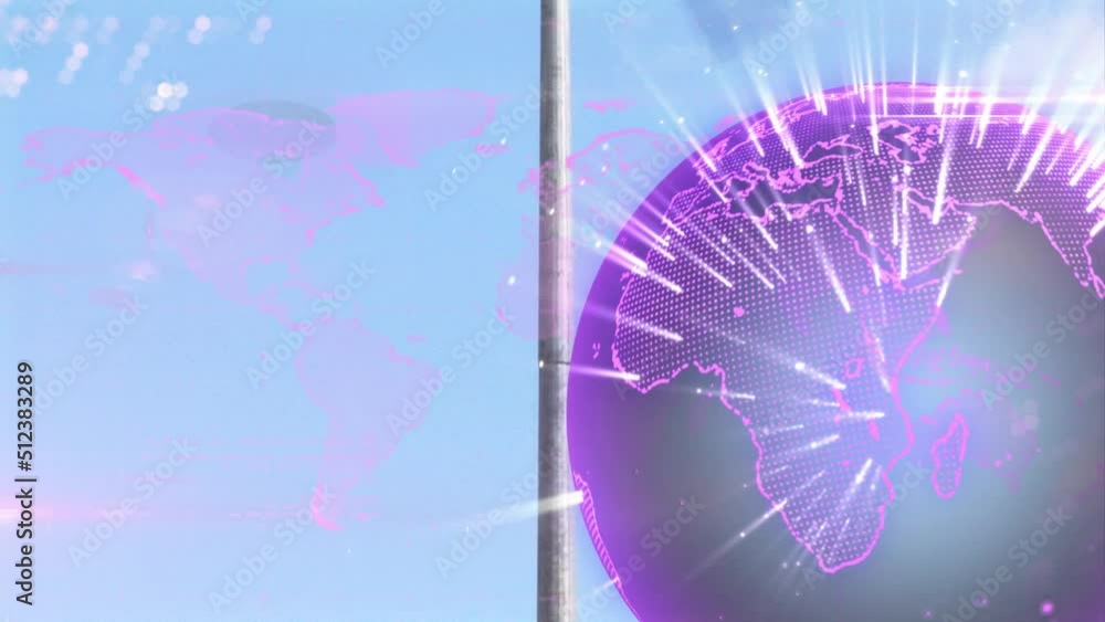 Poster animation of globe with world map and data processing over wind turbine