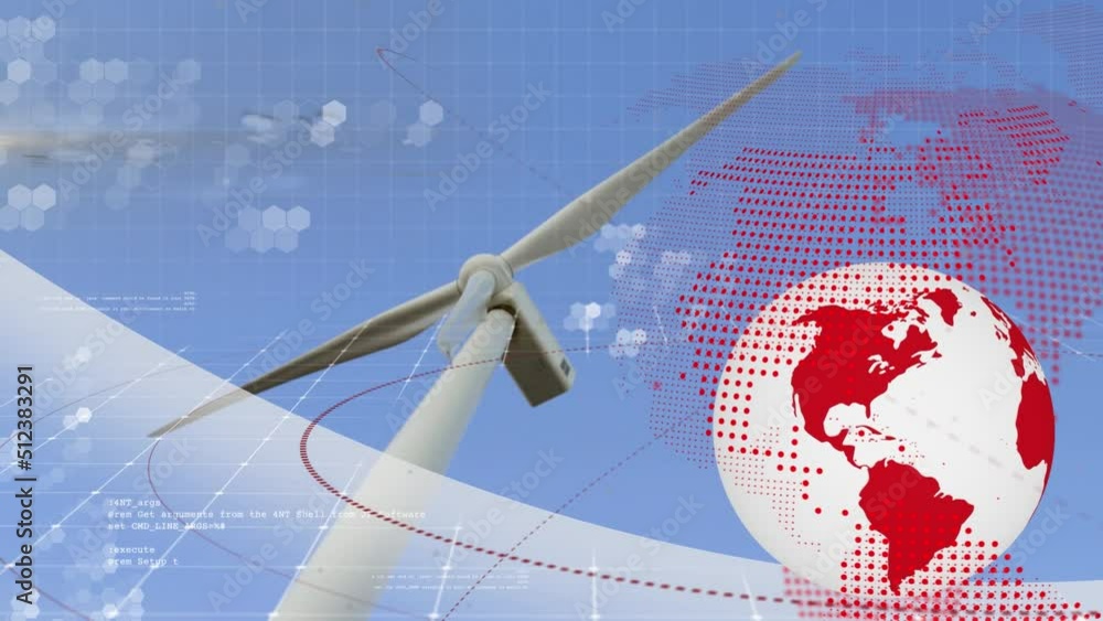 Poster animation of globe and world map data processing over wind turbine