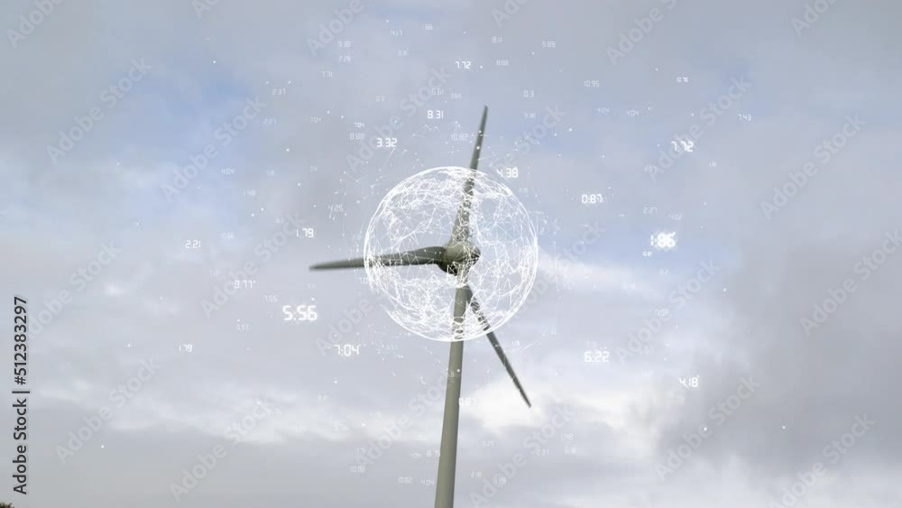 Aufkleber Animation of globe and numbers processing over wind turbine