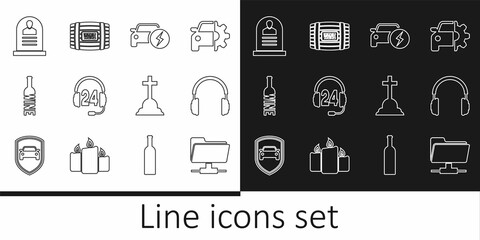 Set line FTP folder, Headphones, Electric car, for support, Bottle of wine, Tombstone with RIP written, cross and Wooden barrel icon. Vector