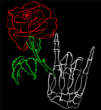 Skeleton hand holding a rose in calligraphic style