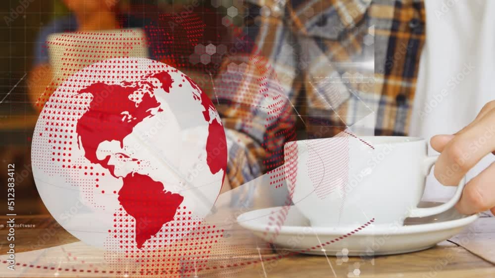 Poster animation of globe with connections over caucasian man using smartphone