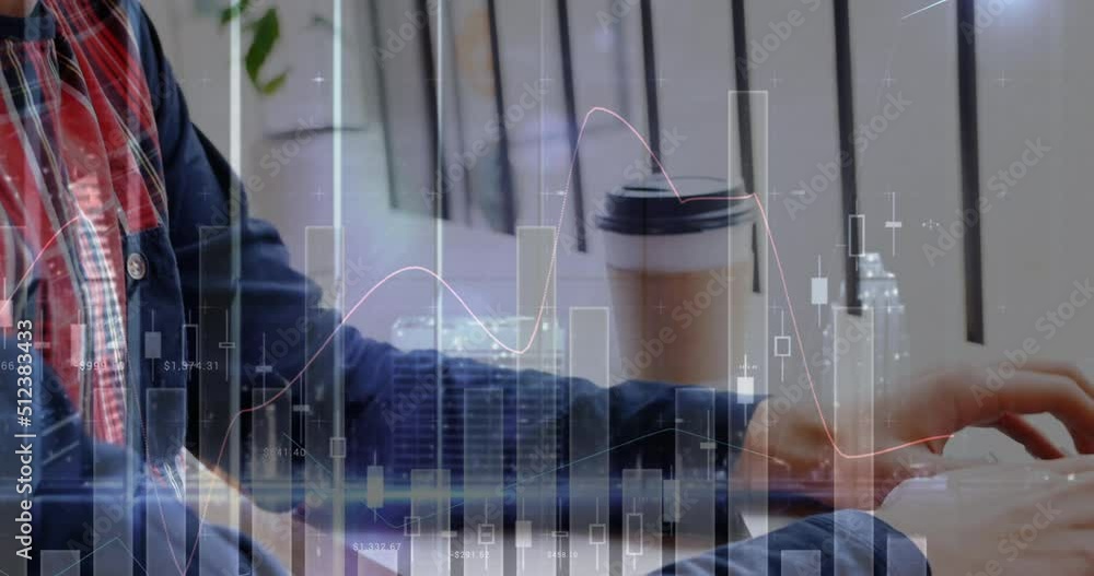 Poster animation of financial data processing and statistics over caucasian man using laptop