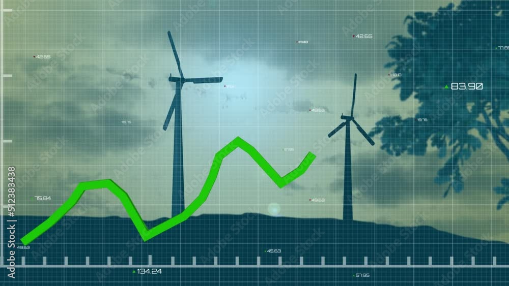 Poster animation of statistics and data processing with green line over wind turbines