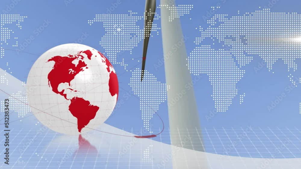 Poster animation of globe and world map data processing over wind turbine