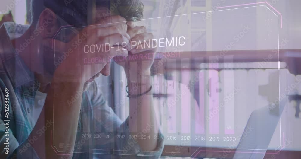 Poster animation of covid 19 data processing and statistics over worried caucasian man using laptop