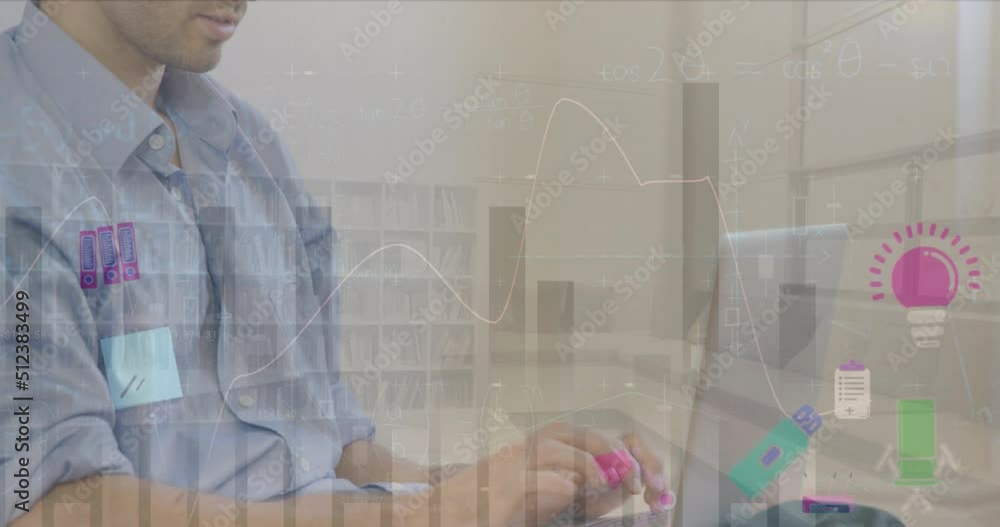 Poster animation of financial data processing, icons and statistics over caucasian man using laptop