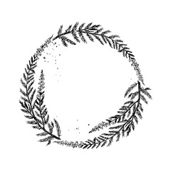 illustrations monochrome of wreaths in sketch style.