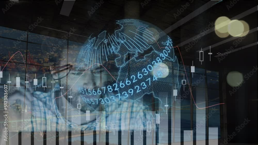Poster animation of financial data and graphs over globe and caucasian male programmer