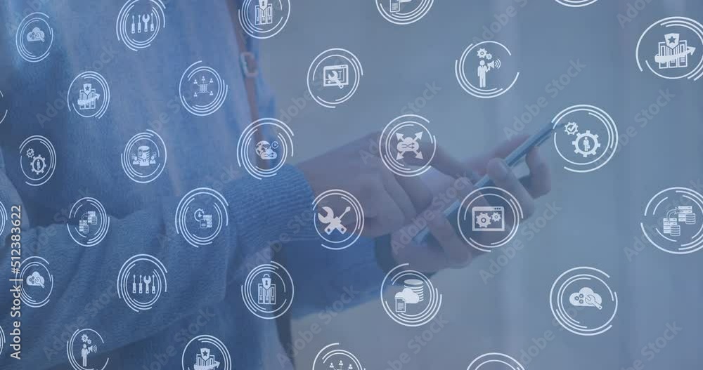 Poster animation of connections with technology icons over hands of caucasian man using smartphone
