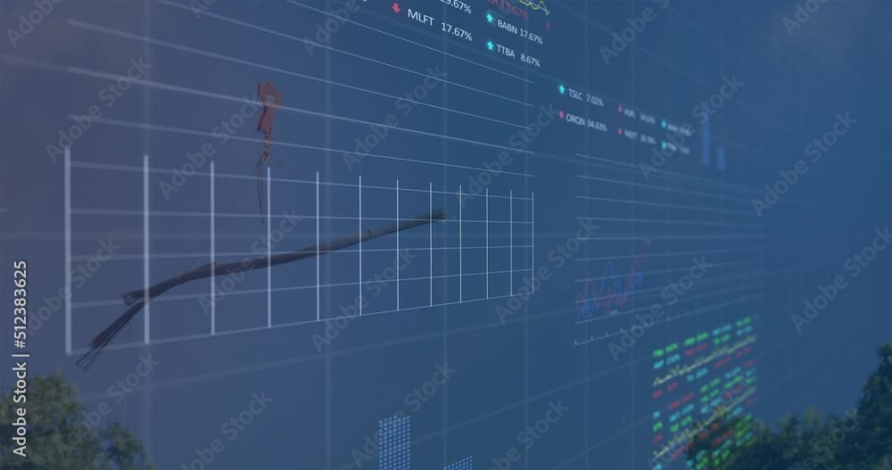 Poster animation of financial data and graphs over machines on junkyard