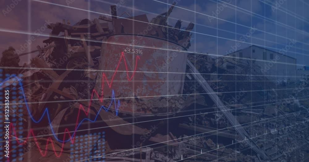 Aufkleber animation of financial data and graphs over machines on junkyard