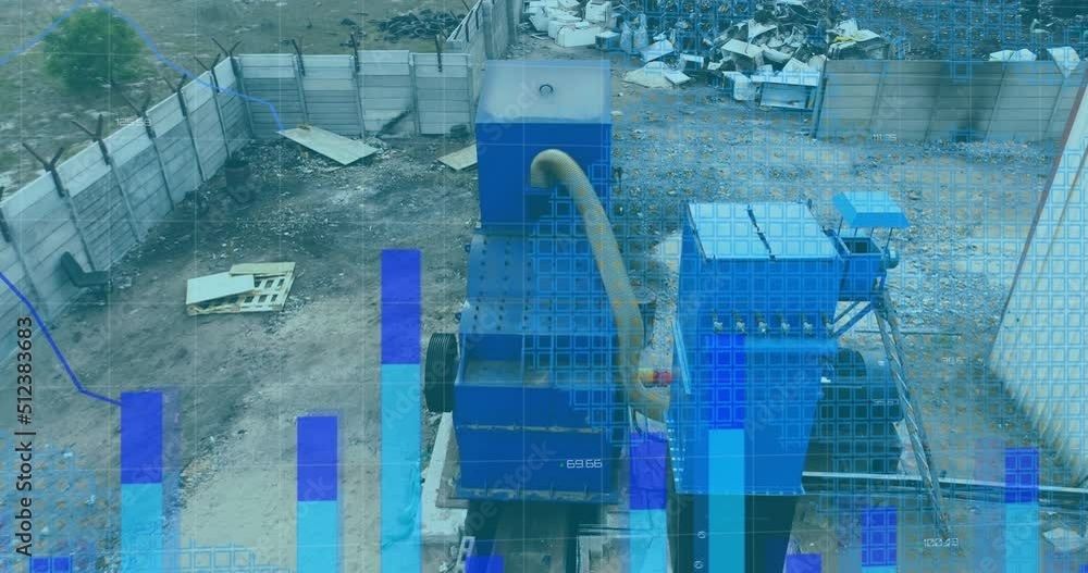 Aufkleber animation of financial data and graphs over machines on junkyard