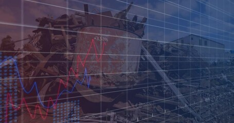 Animation of financial data and graphs over machines on junkyard - Powered by Adobe
