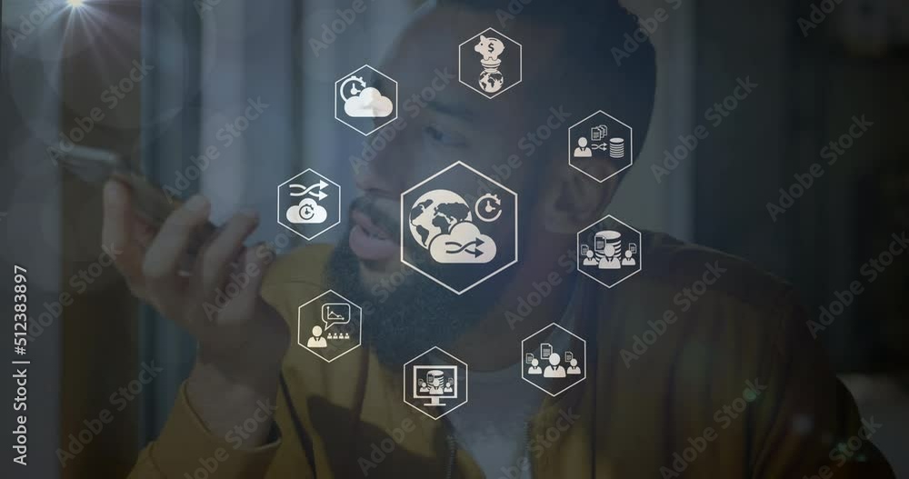 Poster animation of connections with technology icons over biracial man using smartphone