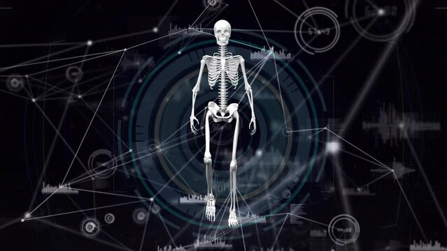 Animation of skeleton walking over network of connections on black background