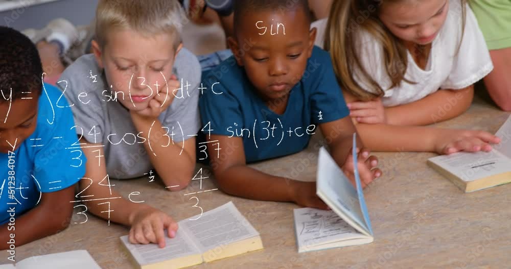 Poster Animation of math formulas over diverse children reading books at school