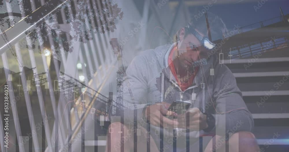 Poster animation of financial data and graphs over caucasian man using smartphone