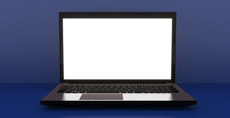 Laptop with blank screen isolated on blue background, white aluminium body. Whole in focus. High detailed. 3d illustration.
