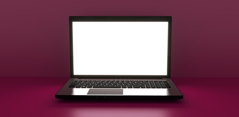 Laptop with blank screen isolated on red background, white aluminium body. Whole in focus. High detailed. 3d illustration.
