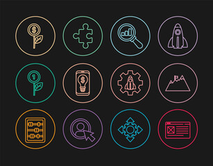 Set line Browser window, Mountains with flag, Magnifying glass and analysis, Light bulb dollar on mobile, Dollar plant, Startup project concept and Piece of puzzle icon. Vector