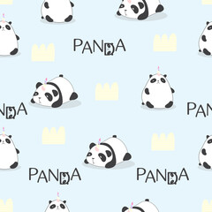 Vector. Hand-drawn pattern with cute pandas. Panda with unicorn horn. Lazy panda unicorn. Hand lettering panda and abstract hills. Cute design for the nursery. Seamless wallpaper
