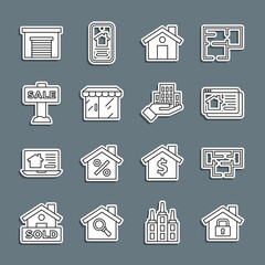 Set line House under protection, plan, Online real estate house, Market store, Hanging sign with Sale, Garage and Skyscraper icon. Vector