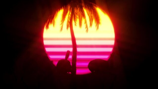 Flamingo dancing seamless loop 80s style background sunset and palm tree. Fun vj loop, vaporware, VHS effect. 3D animation.