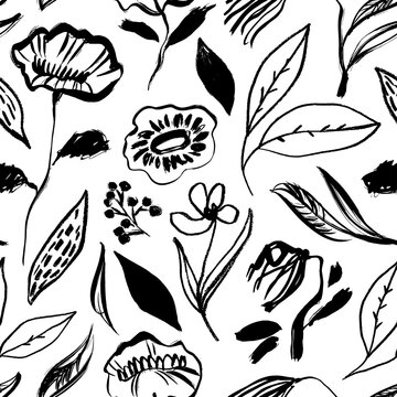 Different wild plants, herbs and flowers seamless pattern. Hand drawing vector plants. Botanical black elements. Line drawing of abstract flowers. Chamomile and daisy decorative ornament