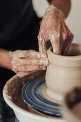 Close Up of Pottery Artist at Work, Potter Master Creating Clay Pot on a Wheel